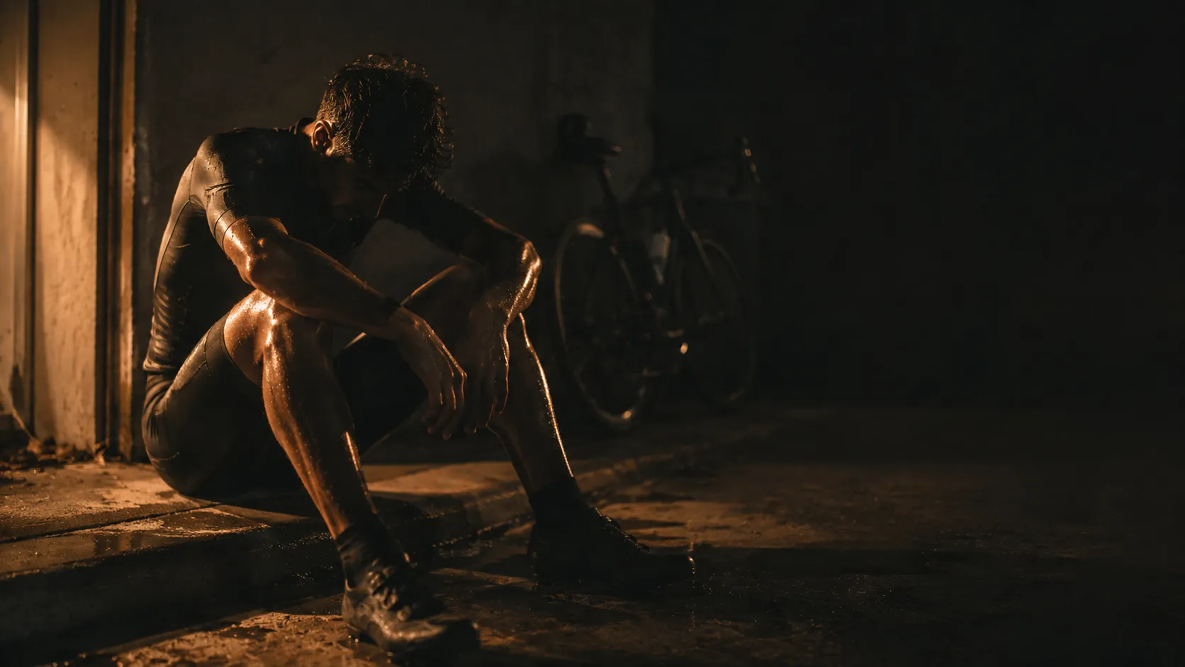 An exhausted cyclist sitting on a garage floor after a hard session, lit by one warm light