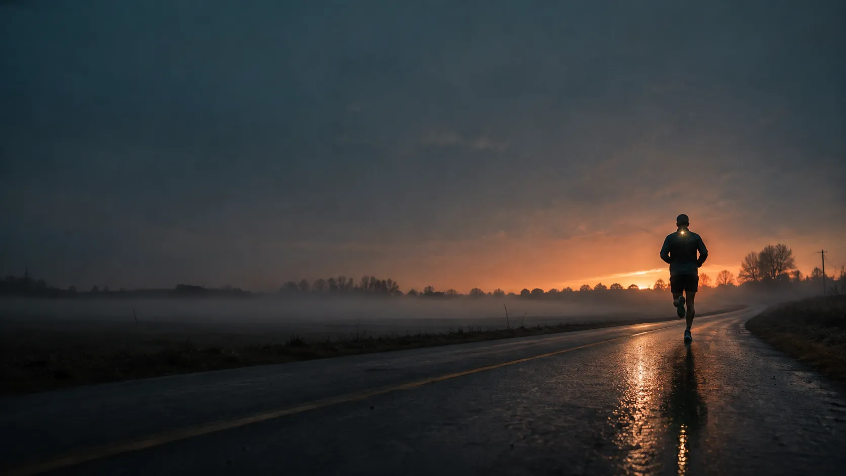 A lone runner on a wet rural road before dawn, headlamp on, sunrise a thin ember line on the horizon