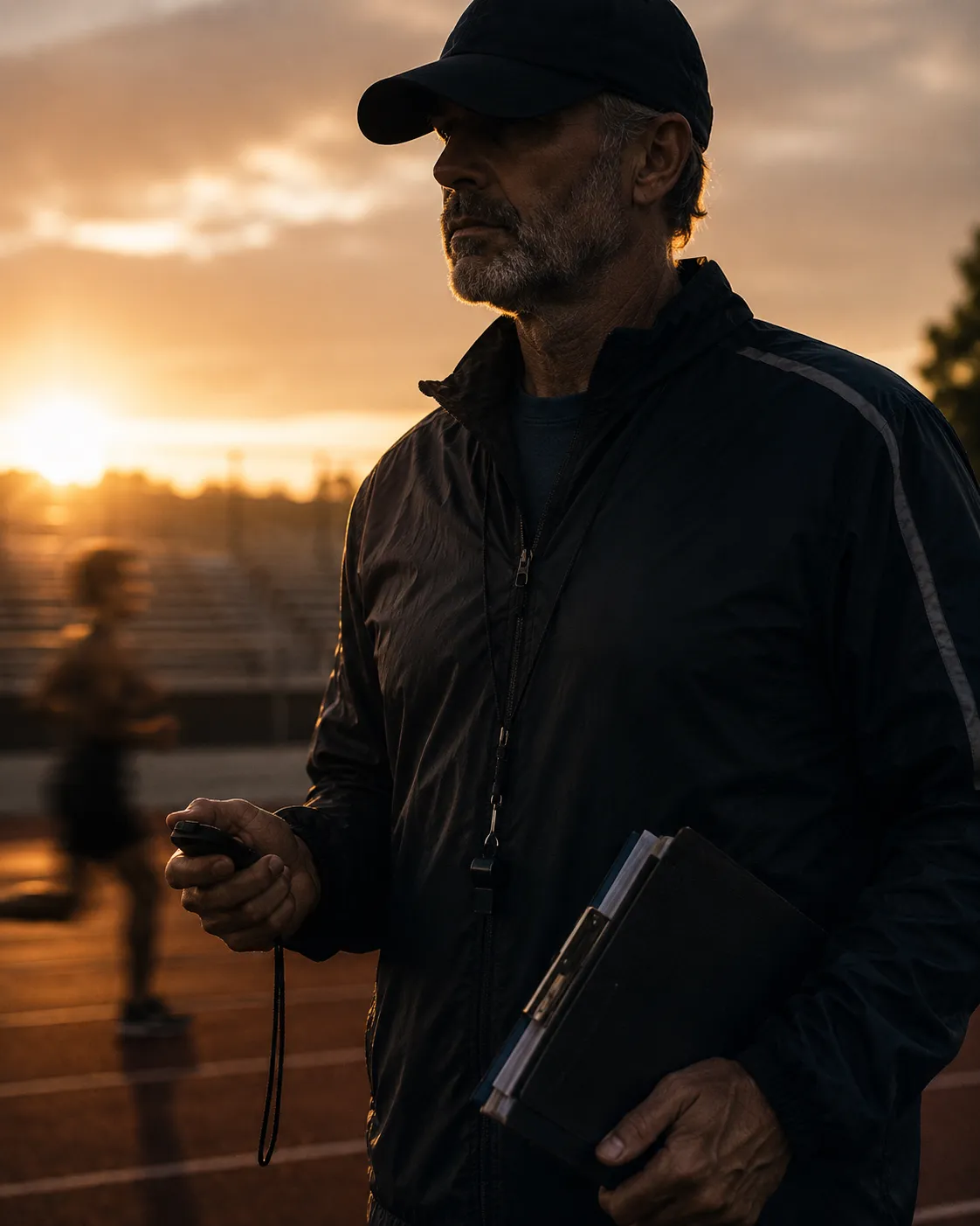 A veteran coach trackside at sunrise, stopwatch in hand, a runner blurred behind
